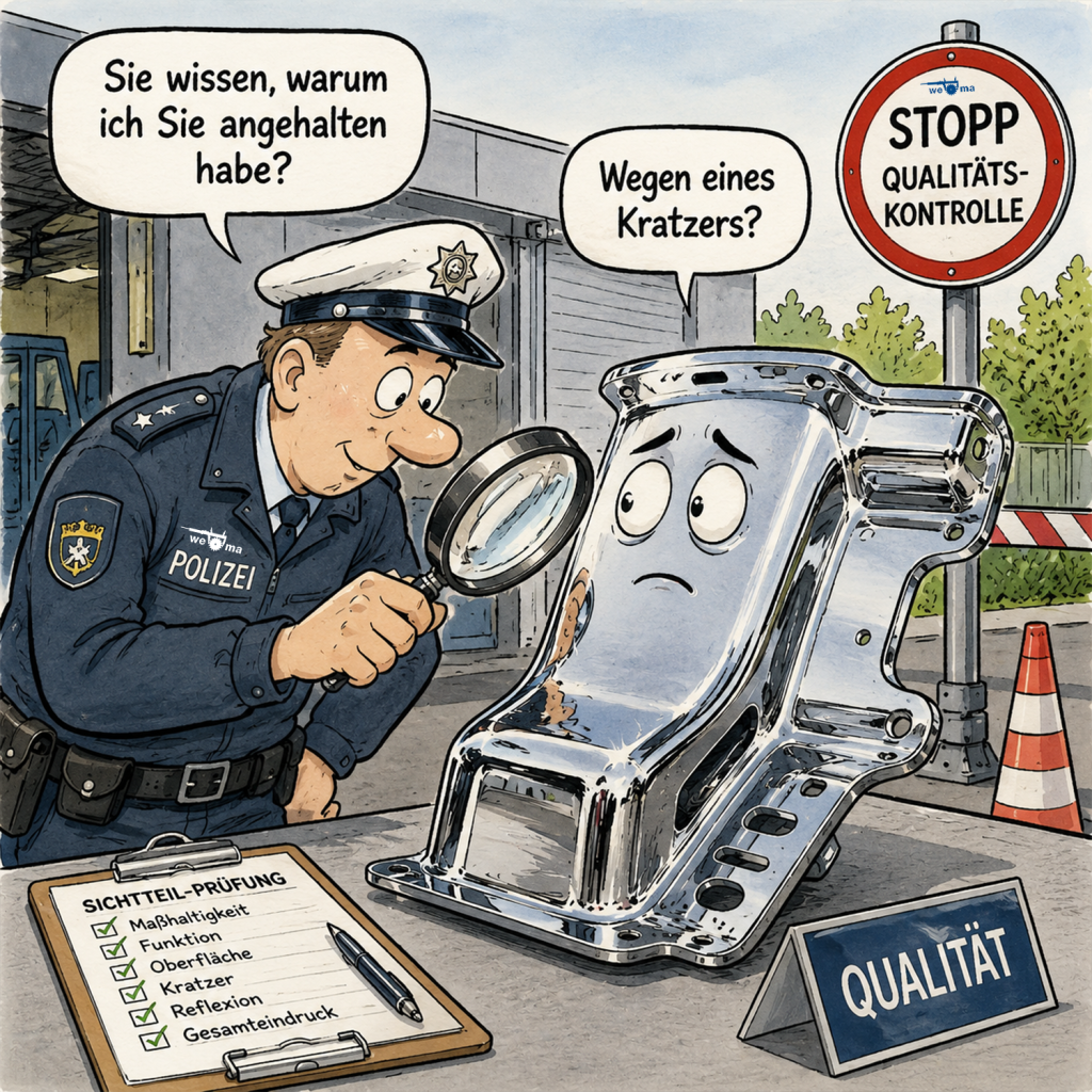 we-ma cartoon: Polizist beäugt ein Bauteil aus Chrom im Rahmen einer Qualitätskontrolle